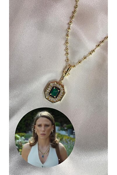 lotusbybuket Çelik Gold özel tasarım zümrüt yeşil Serenay Kolye