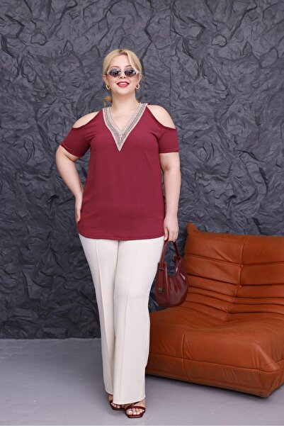 Siyezen Plus Size Lace Collar Off Shoulder Low-Cut Blouse