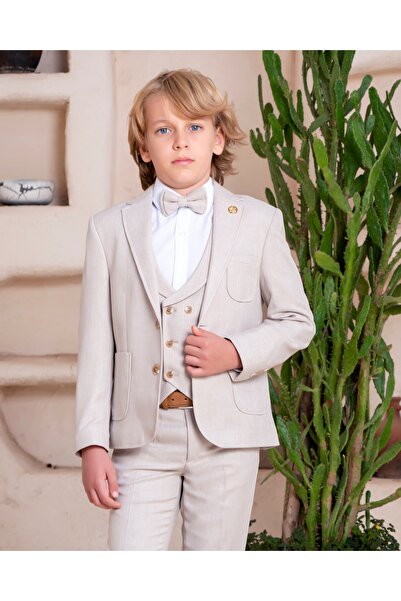 Mogi Erkek Çocuk Bej 5 Parça Keten Spor Takım Elbise
