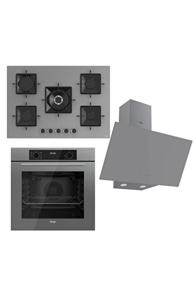 Ferre FLOWART Serisi Gri Set (SS038 + QBL63CPR +D079 ) - Döküm Izgara / 75 cm Ocak