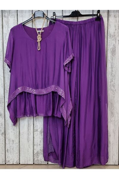 pudubutik Payetli Mor İpek Bluz İtalyan