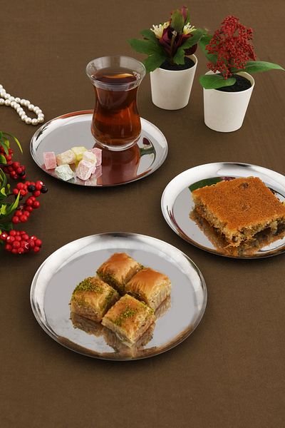 AKSESUAR EVRENİ Sofi̇a Stainless Round Model Multi-Purpose Presentation Tray Silver 3 Pieces