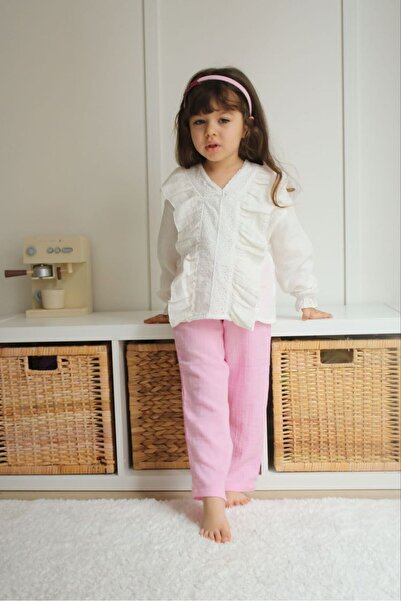 JELİBOOM Girl's Guipure Detailed Muslin Fabric Shirt Pants Set