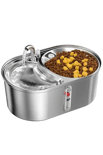 Linomag Fântână și bol pentru animale de companie Linomag® 3L, silențios, filtru de carbon, oțel inoxidabil, pentru pisici și câini, argintiu