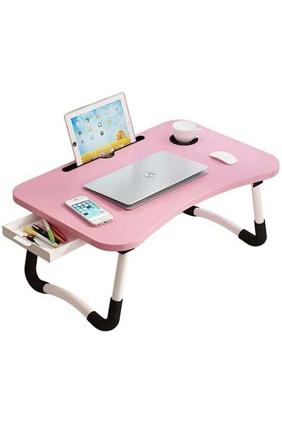 huitich Wood Laptop Desk with Drawer, Cup Holder, and Tablet Stand Pink