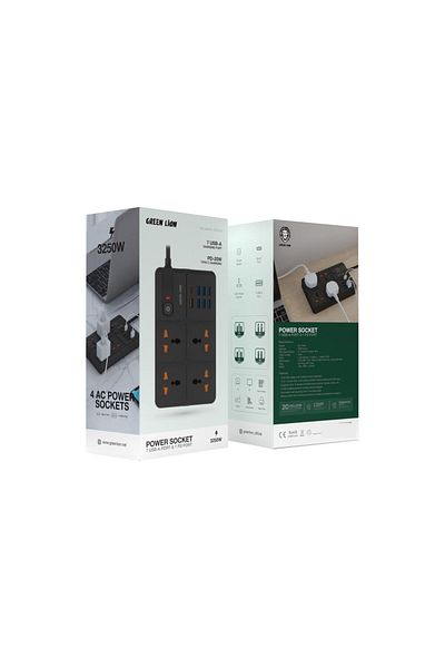 Green Lion مقبس طاقة 7 منافذ USB-A ومنفذ PD 20 وات، 4 مقابس تيار متردد في المملكة المتحدة وأستراليا والولايات المتحدة والاتحاد الأوروبي، مصراع أمان، محمول