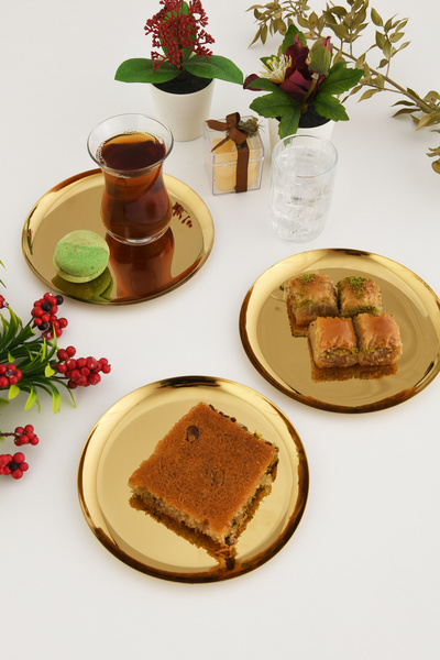 AKSESUAR EVRENİ Sofi̇a Stainless Round Model Multi-Purpose Presentation Tray Gold 3 Pieces