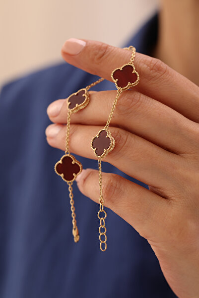 YAVUZ KUYUMCULUK 14 Ayar Altın Beşli Bordo Yonca Bileklik