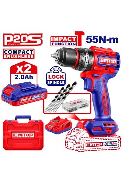 EMTOP Cordless Impact Drill, 55Nm, 20V, with 2 Batteries 2.0Ah and Charger