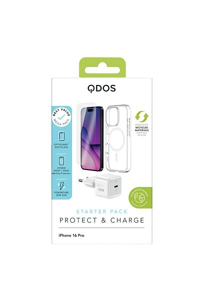 QDOS حزمة البدء لجهاز iPhone 16 Pro - كابل هجين قابل للفصل، 20 واط PowerCube US، زجاج ECO، أبيض/شفاف