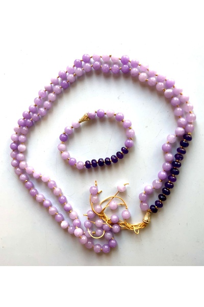 PİRAMİGO Kunzit Taşı & Ametist 108 Düğümlü Mala Kolye ve Bileklik Seti Kalp Çakra