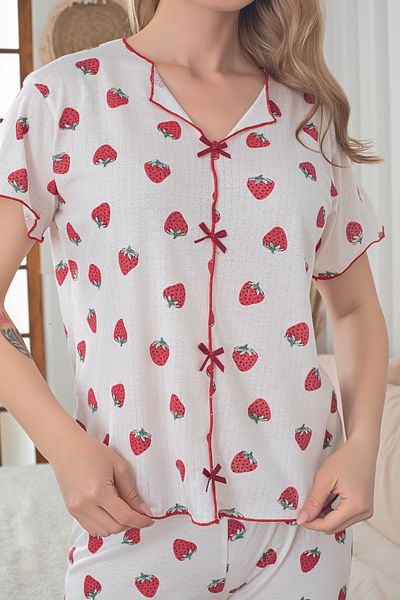 Sude HOMEWEAR Women Knitted Fabric Strawberry Pattern Short Sleeve Pajama Set