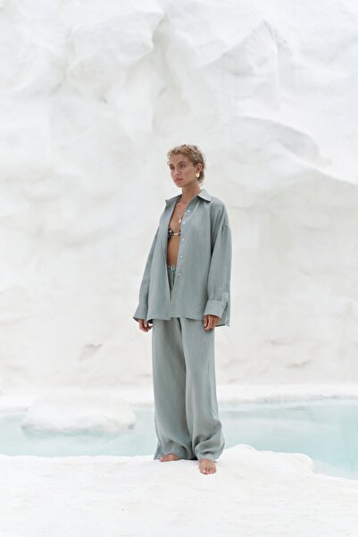 BOHEMAİ Jelsomina Oversize Mint Linen Shirt Trousers Set