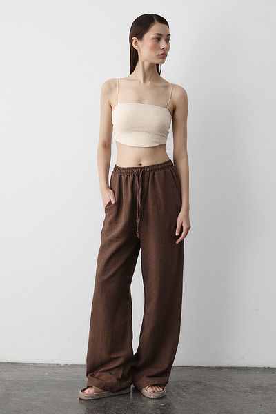 Laluvia Brown Cotton Linen Trousers with Elastic Waist - 3490
