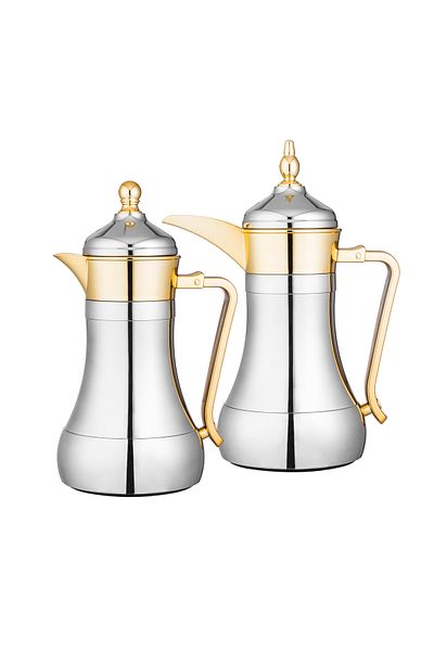Dania A set of metal thermoses in the shape of a kettle, elegant and beautiful decoration for tea and coffee. The capacity is 1 liter for tea and 0.7 liters for coffee.