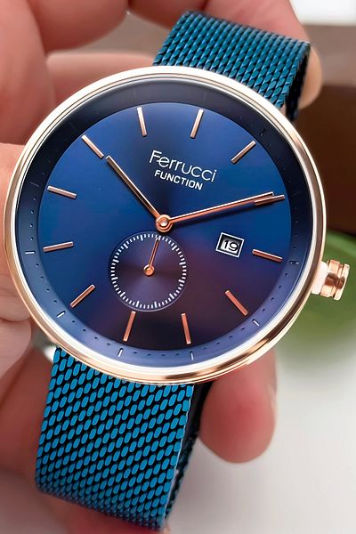 Ferrucci Men's Wristwatch with Calendar Steel Case & Steel Cord Navy Blue Zmfer182