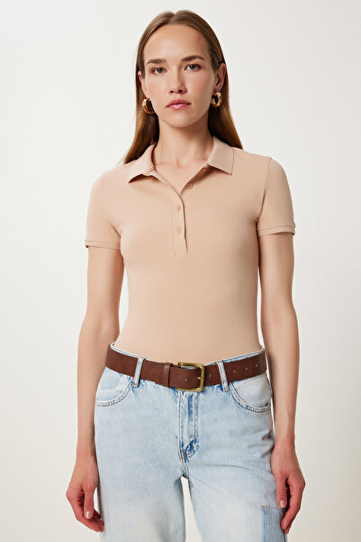 Lovelyİstanbul Tricou tricotat cu gât polo CAMEL LFK0011