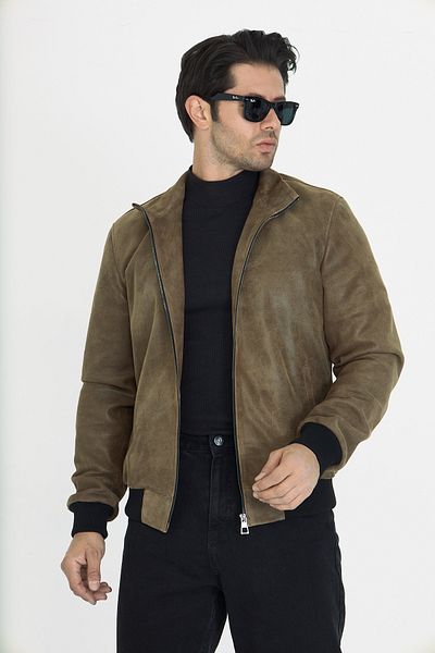 By Marki Marki Men's Light Brown Vintage Genuine Suede Leather Jacket, Vintage Look Stand Collar, Zippered - 502522