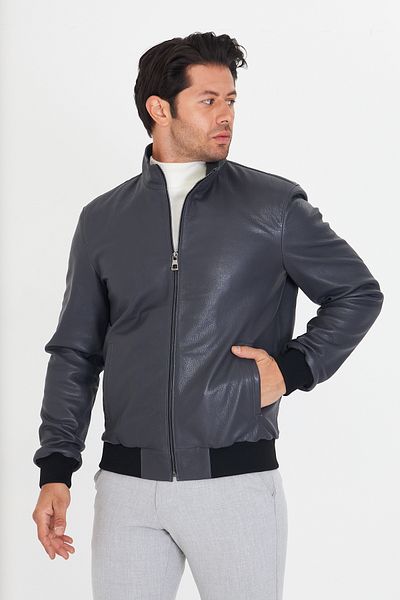 By Marki Marki Men's Anthracite Genuine Jumbo Leather Jacket – Stand Collar, Zippered, Lined, 67 cm - 502522