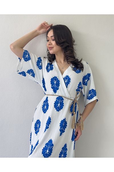 the ZKS Women's Patterned Bat Sleeve Summer Midi Dress Laicvert, White, Blue Floral
