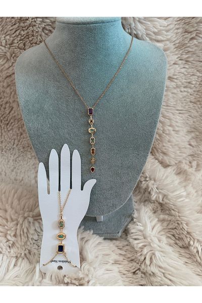 ANGELSS JEWELLERY Y Necklace Colorful Zircon Stone Gold Y Necklace and Shahmeran Bracelet Set Y Necklace and Shahmeran Bracelet