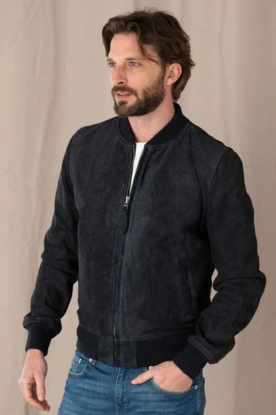 By Marki Marki Men's Black Genuine Suede Leather College Jacket – Knit Collar and Cuffs, Zippered, Lined - 504322