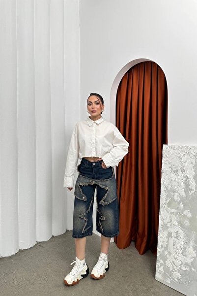 Chirkef Unisex Baggy Fit Pamuklu Premium Kot Kumaş Bol Paça Yıldız Desenli Sokak Stili Kapri Şort Star Denim