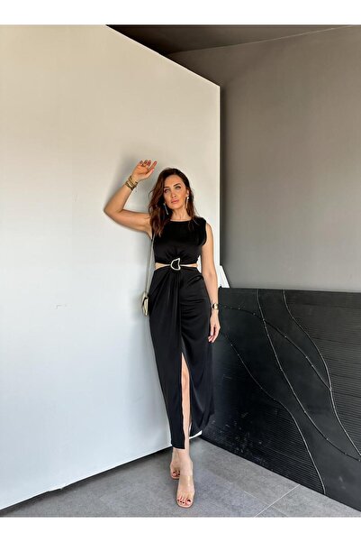 Zerrincan Giyim Siyah Pencere Detaylı Tokalı Elbise