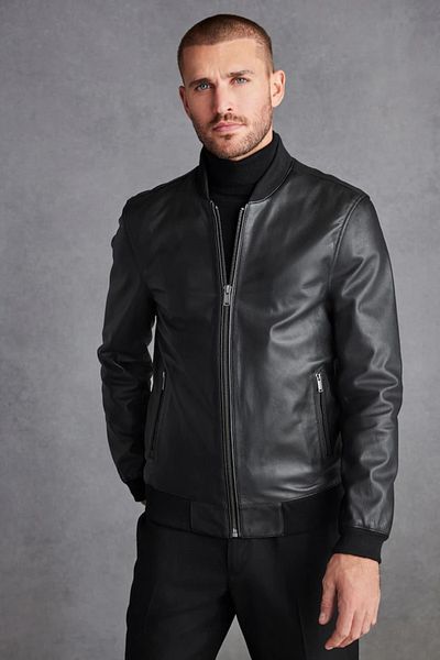 By Marki Marki Men's Black Genuine Leather College Jacket – Knitwear Collar & Cuffs, Zippered, Lined, 67 cm - 504322