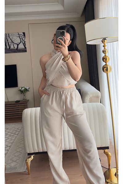 SANDY FASHİON Halter-Neck Linen Suit