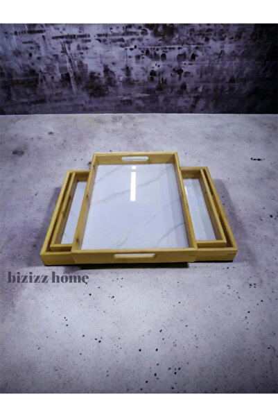 ALLEGRI 3lü Mermer Desenli Bambu Tepsi Çay Tepsisi Kaliteli Tepsi