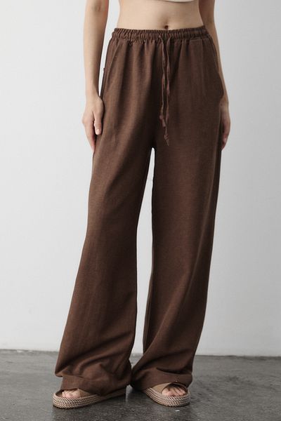 Laluvia Brown Cotton Linen Trousers with Elastic Waist - 3490