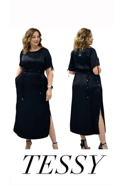 TESSY KADIN BÜYÜK BEDEN YIRTMAÇLI BELİ LASTİKLİ ELBİSE