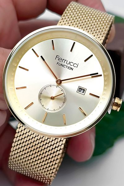 Ferrucci Men's Wrist Watch with Calendar Steel Case & Steel Cord Gold Zmfer182