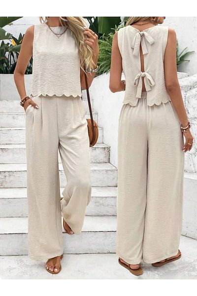 soBasic Frenchy 2 Pieces Women's Solid Color Sleeveless Tank Top and Pants Suit Daily Wear Comfortable Fashionable