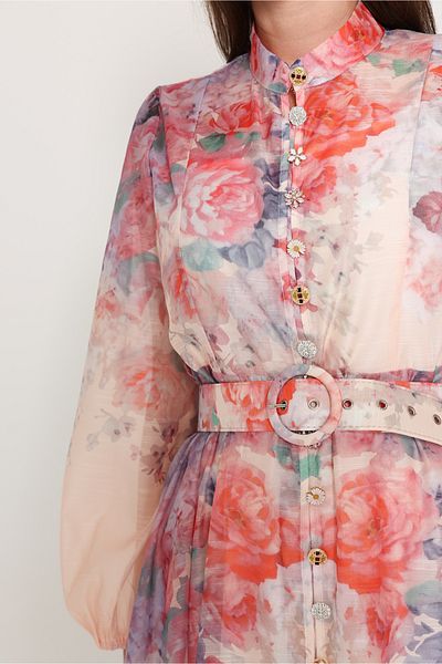 IKKXA Belted Flower Pattern Mid Length Dress