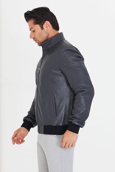 By Marki Marki Men's Anthracite Genuine Jumbo Leather Jacket – Stand Collar, Zippered, Lined, 67 cm - 502522