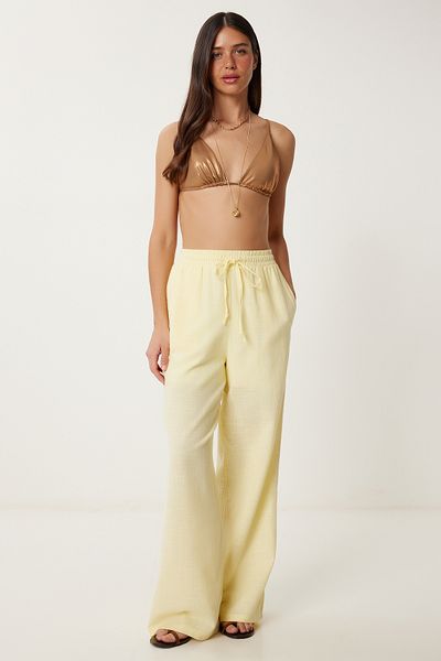 Lovelyİstanbul Loose Fit Linen Trousers Light Yellow Ldp0002