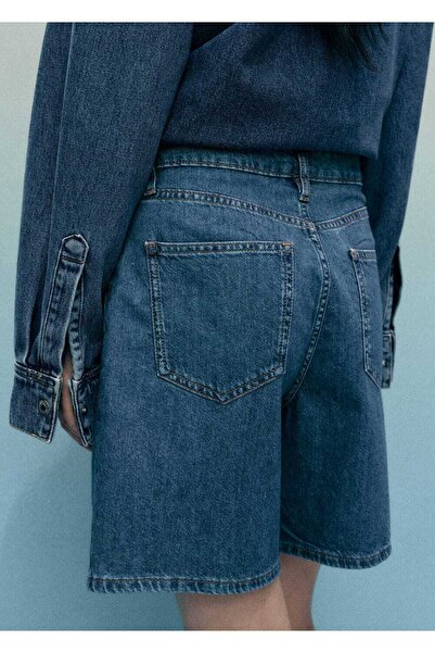 MANGO Woman Orta bel pileli denim bermuda şort