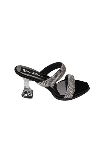 Yaz Kış Ayakkabı Yazkiş Women's Black Silver Stone 9cm Transparent Goblet Heel Slippers