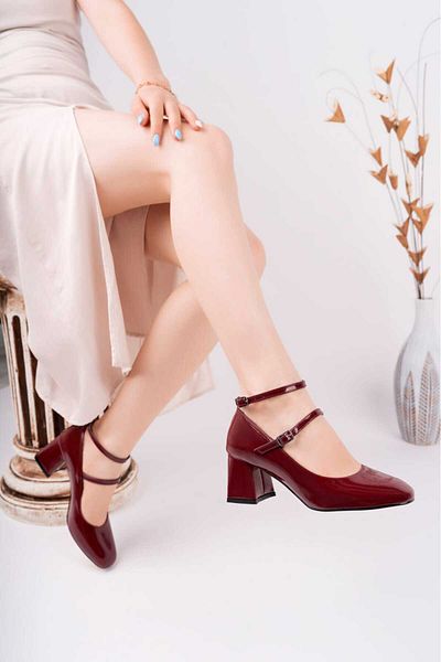 CİMİLİ SHOES Women's Kulia Burgundy Patent Leather Mary Jane Thick Heeled Banded Shoes