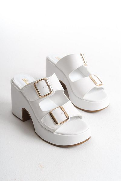 LDR Women's Double Buckle Thick Heeled Slippers
