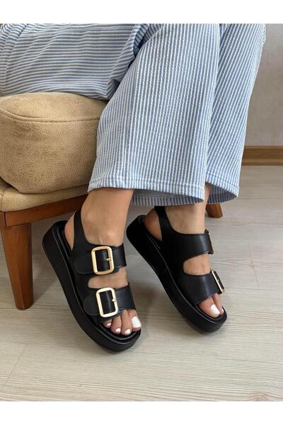 DERİ KABUSU صنادل نسائية بإبزيم حزام مزدوج 252