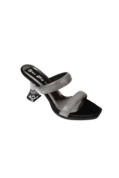Yaz Kış Ayakkabı Yazkiş Women's Black Silver Stone 9cm Transparent Goblet Heel Slippers