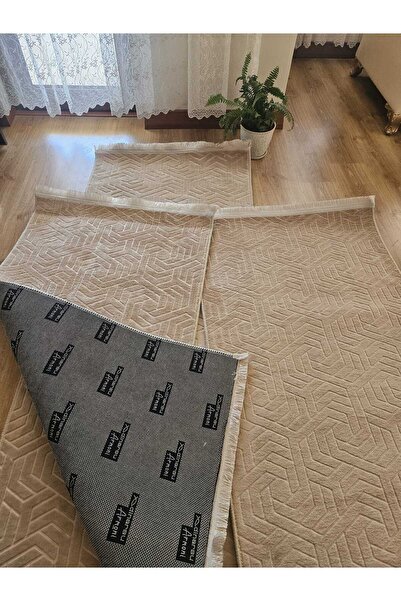 AKSU DİNARSU armoni saçaklı modern yıkanabilir embos 3lü yatak odası takımı kaymaz taban(80X250)(80X150)