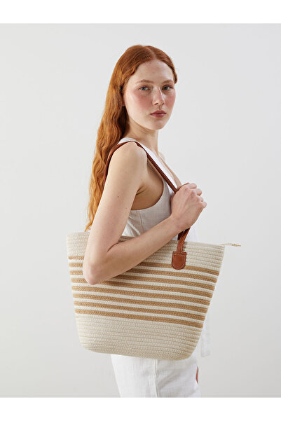 LC Waikiki Accessories Ecru Zippered Women's Straw Beach Bag