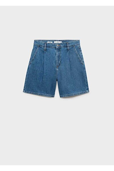 MANGO Woman Orta bel pileli denim bermuda şort