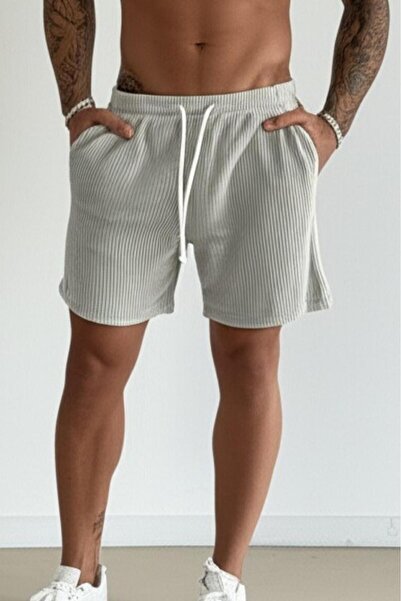 NO 601 Erkek Gri Çizgili Kumaş Rahat Bol Kalıp Şort