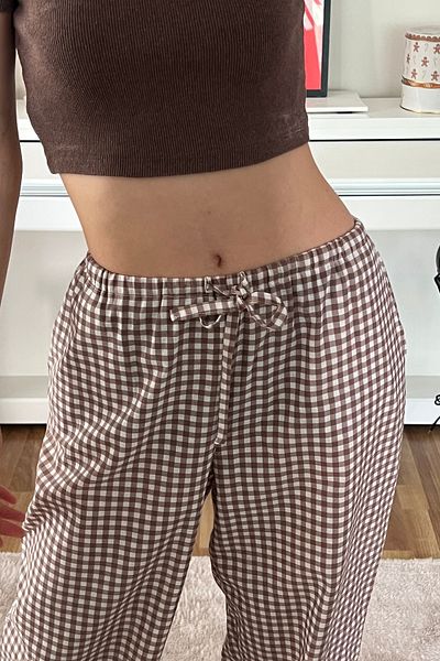 Moide 100% Linen Mid Waist Pocket Adjustable Waist Women's Gingham Pants