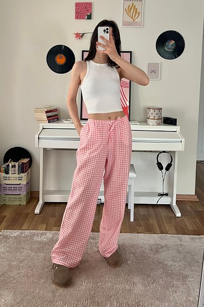 Moide 100% Linen Mid Waist Pocket Adjustable Waist Women's Gingham Pants